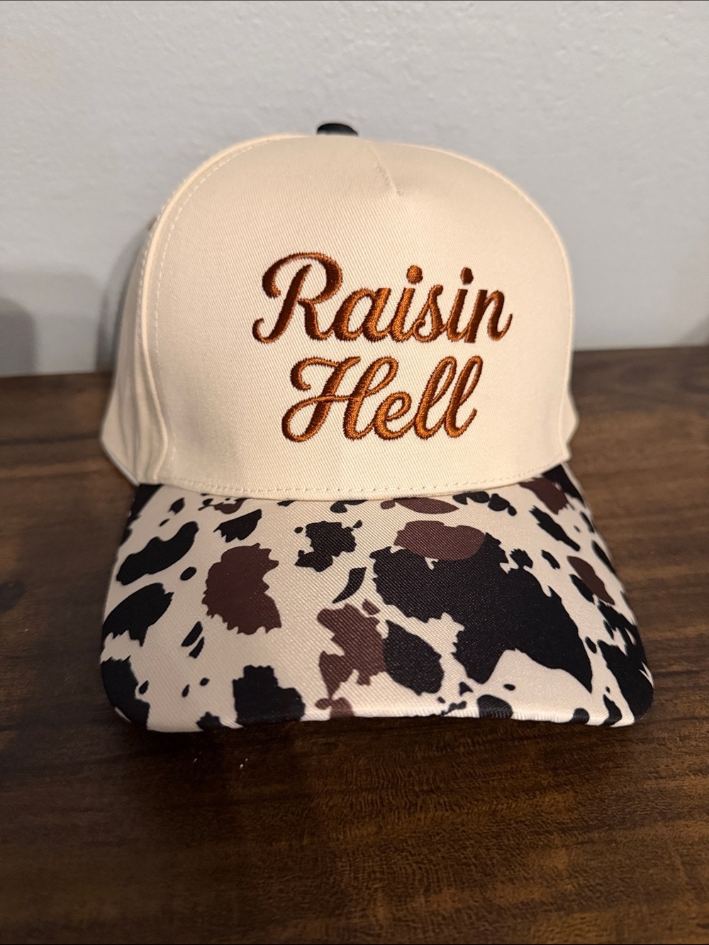 Raisin Hell Cream Baseball Cap with Brown Cowhide-Print Brim